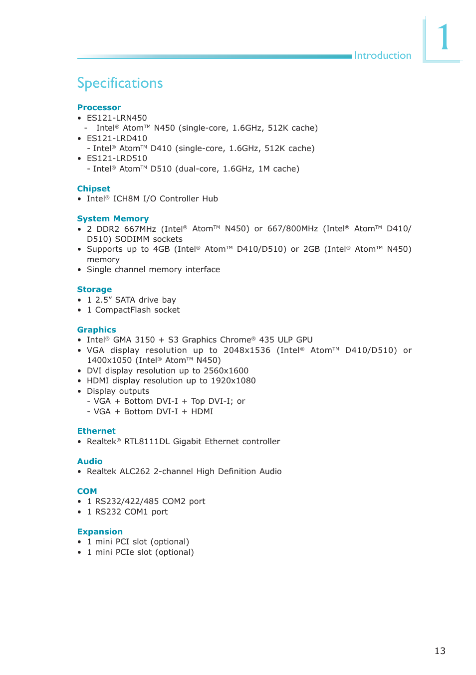 Specifications, Introduction | DFI ES121-LR User Manual | Page 13 / 175