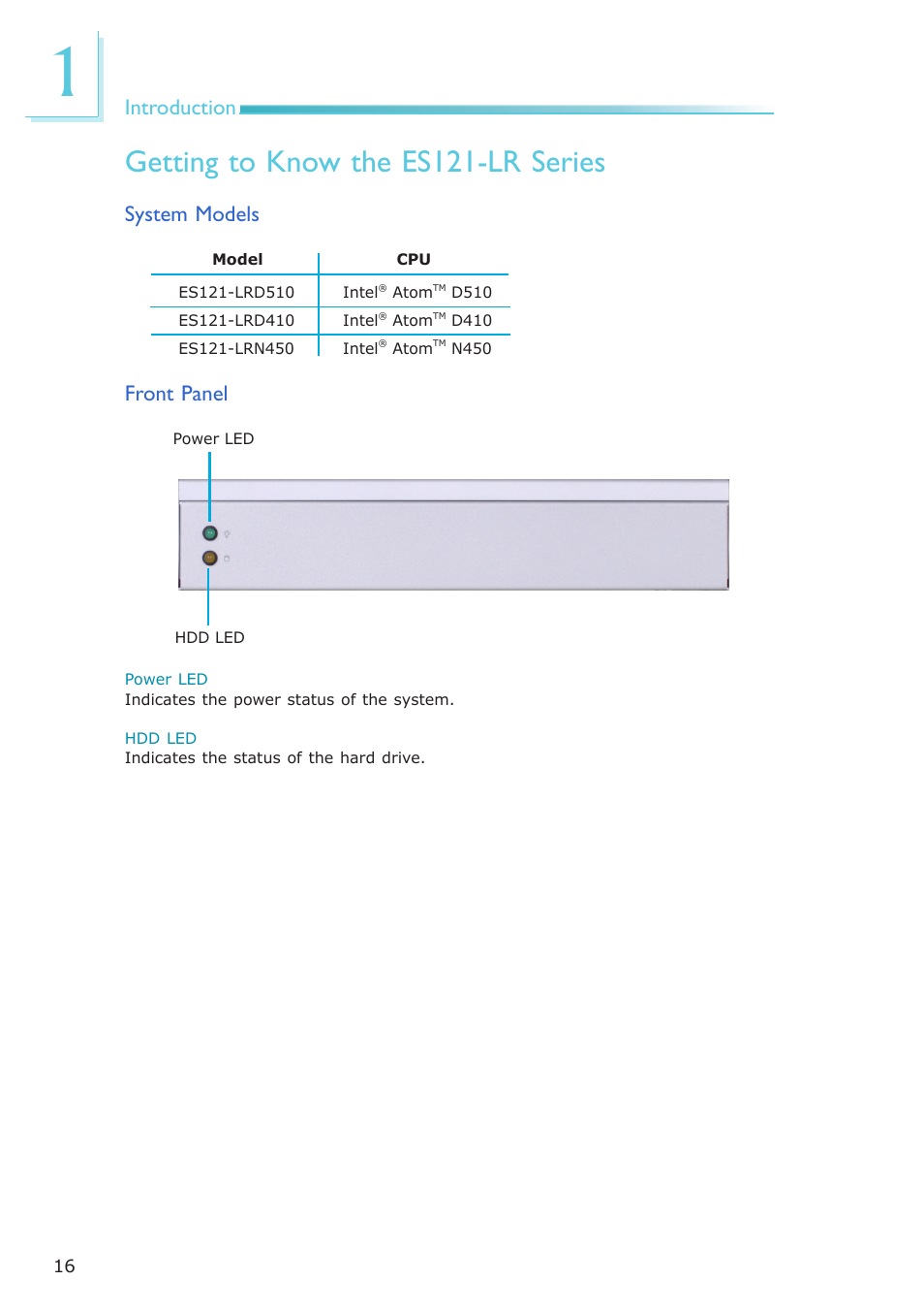 Getting to know the es121-lr series, Introduction, Front panel | System models | DFI ES121-LR User Manual | Page 16 / 175