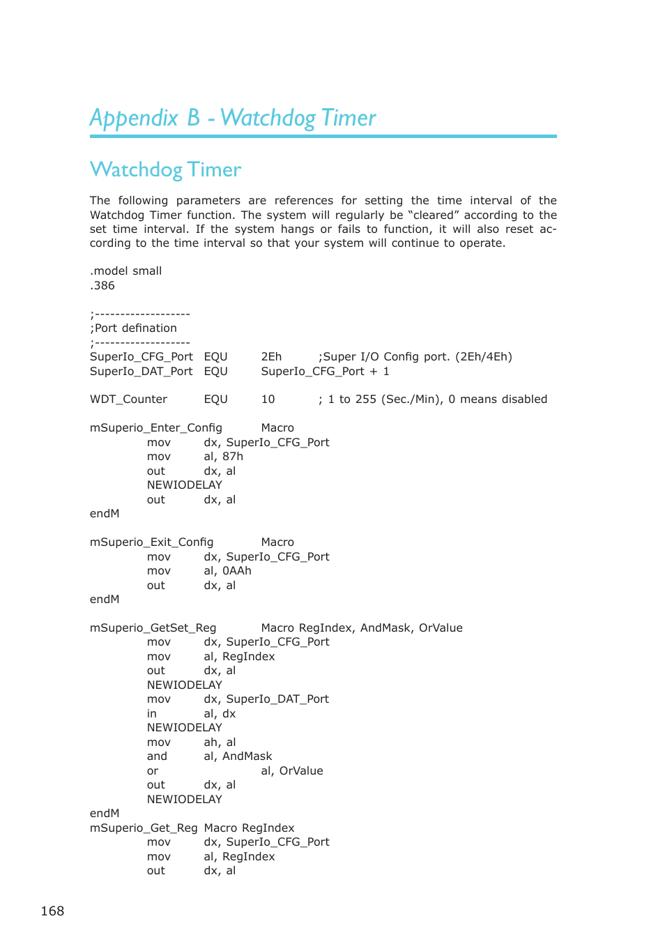 Appendix b - watchdog timer, Watchdog timer | DFI ES121-LR User Manual | Page 168 / 175