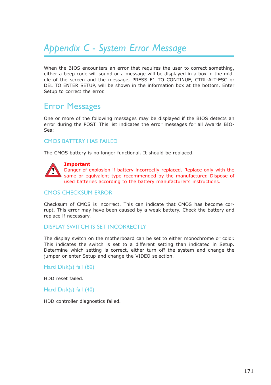 Appendix c - system error message, Error messages | DFI ES121-LR User Manual | Page 171 / 175