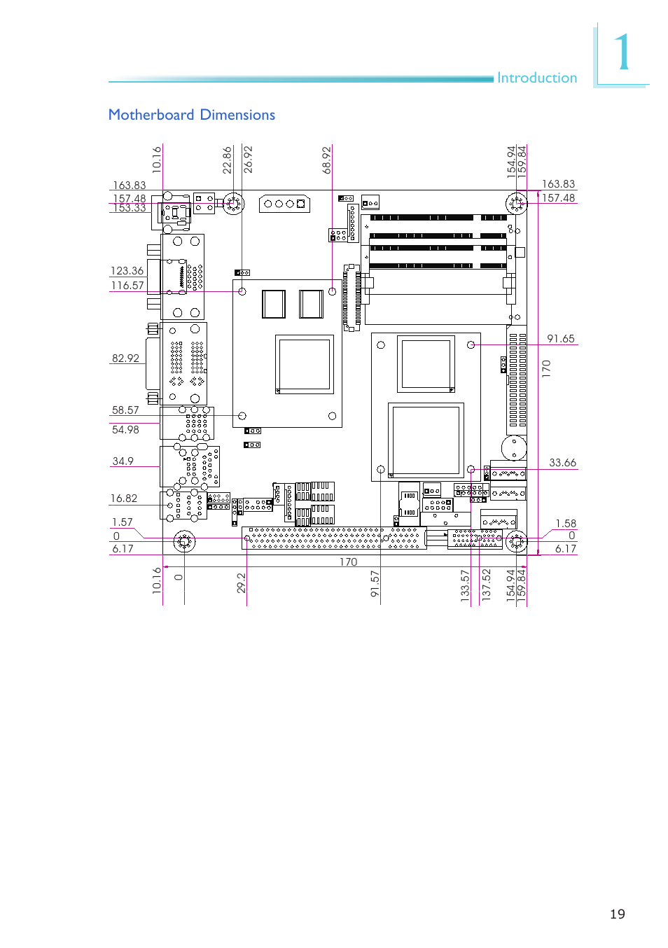 Introduction motherboard dimensions | DFI ES121-LR User Manual | Page 19 / 175