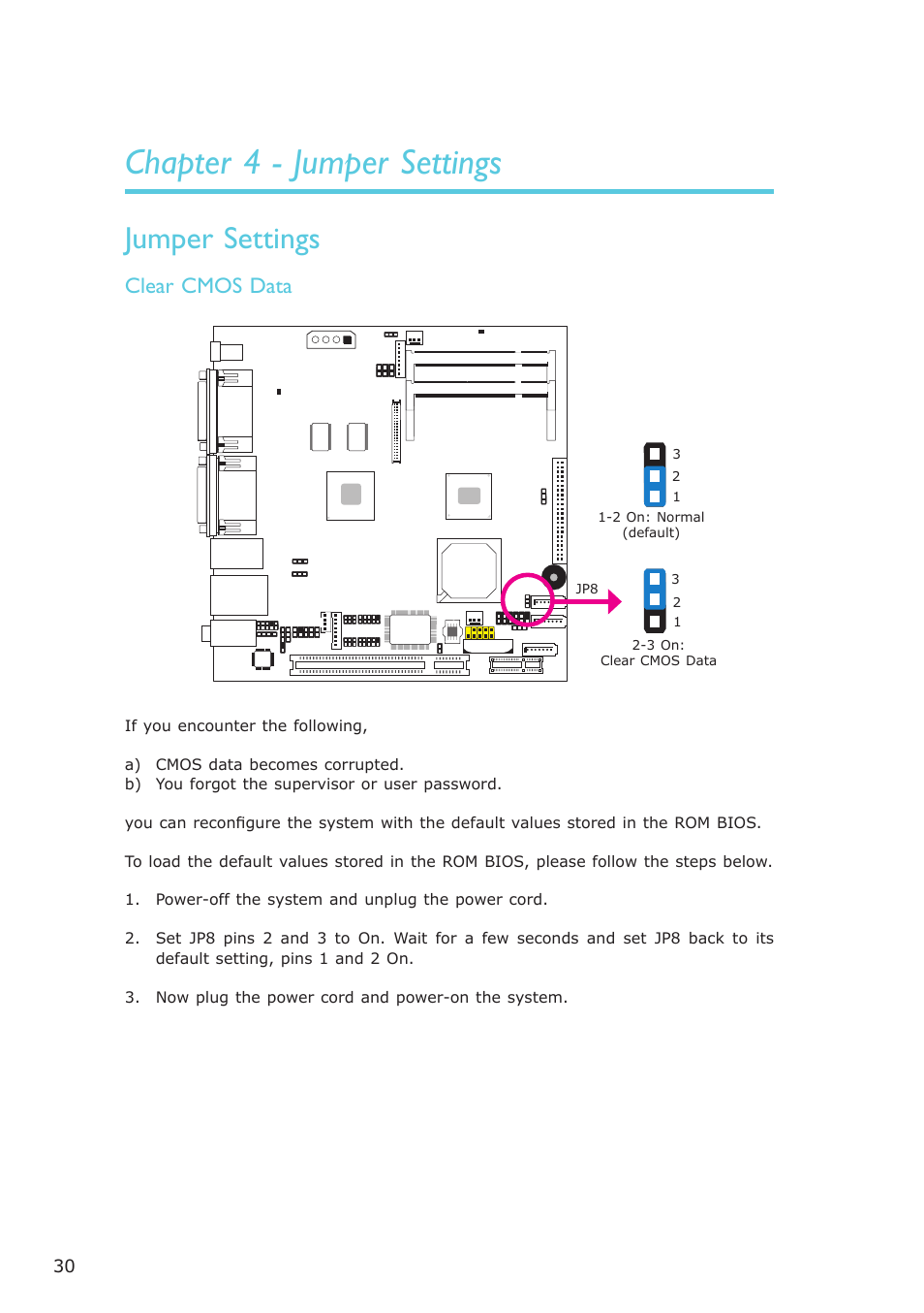 Chapter 4 - jumper settings, Jumper settings | DFI ES121-LR User Manual | Page 30 / 175
