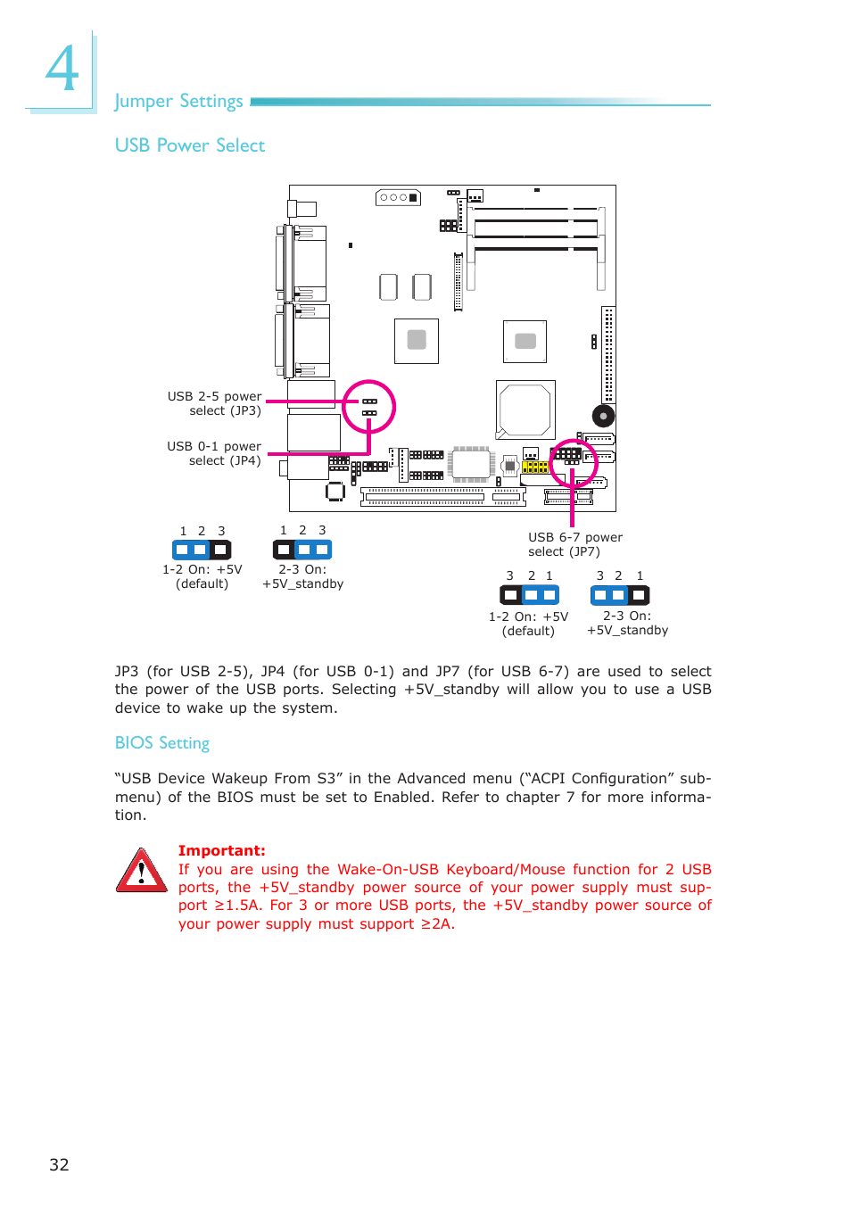 Jumper settings, Usb power select, Bios setting | DFI ES121-LR User Manual | Page 32 / 175