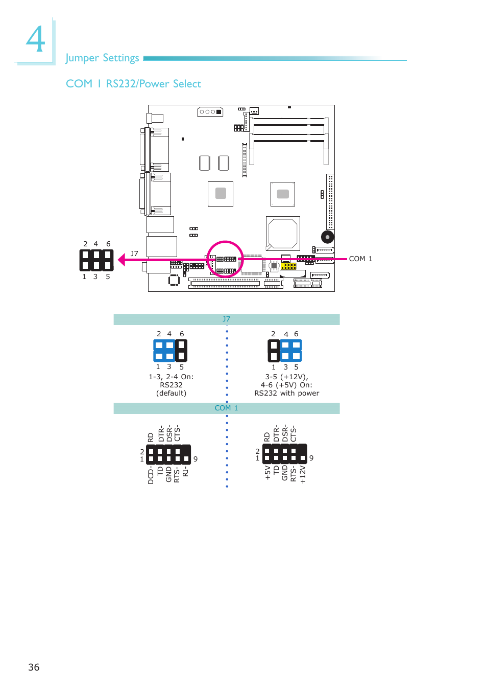 Jumper settings com 1 rs232/power select | DFI ES121-LR User Manual | Page 36 / 175