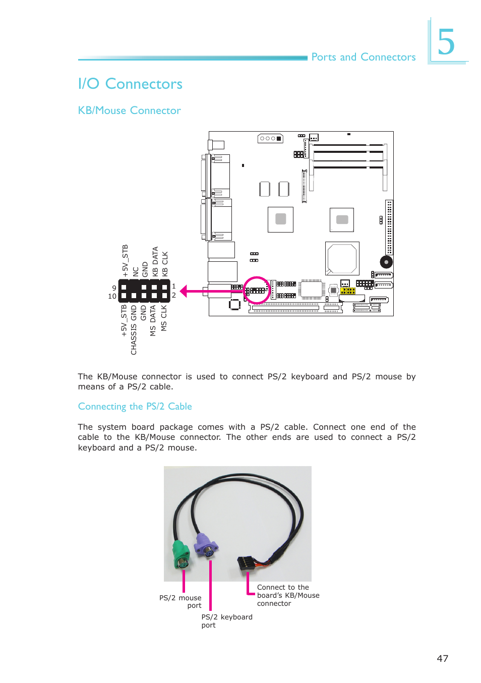 I/o connectors, Ports and connectors, Kb/mouse connector | Connecting the ps/2 cable | DFI ES121-LR User Manual | Page 47 / 175