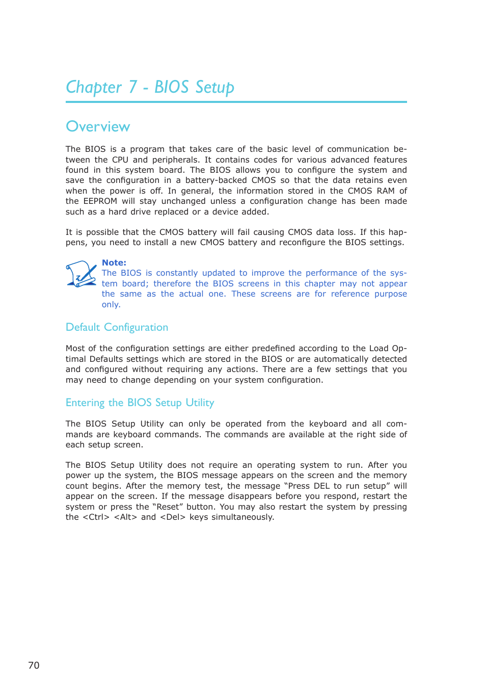 Chapter 7 - bios setup, Overview | DFI ES121-LR User Manual | Page 70 / 175