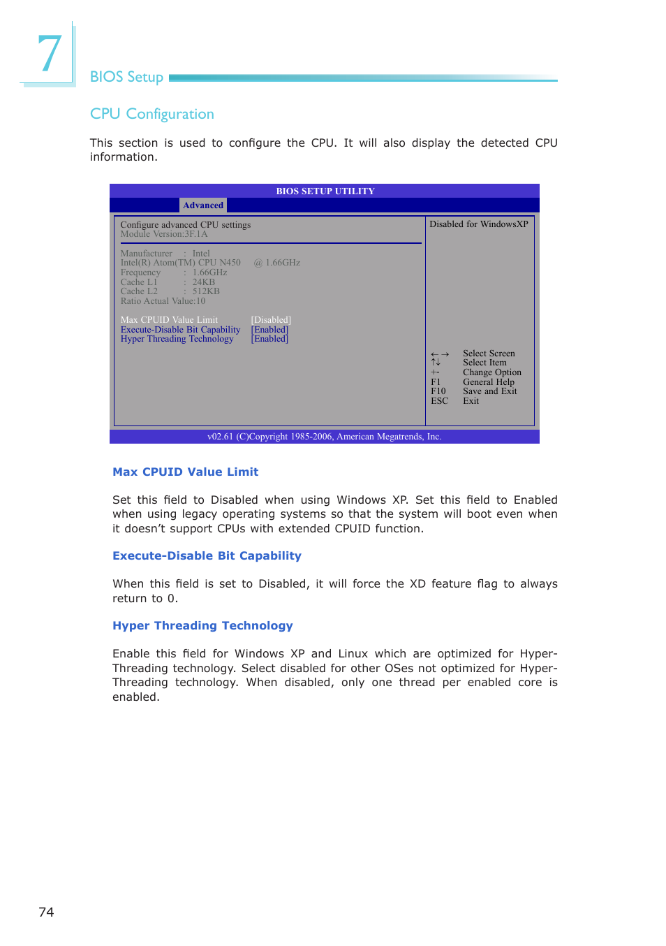 Bios setup cpu configuration | DFI ES121-LR User Manual | Page 74 / 175