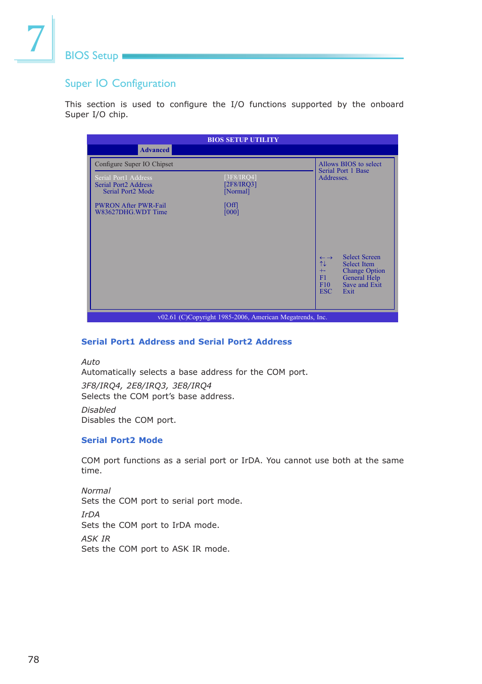 Bios setup super io configuration | DFI ES121-LR User Manual | Page 78 / 175