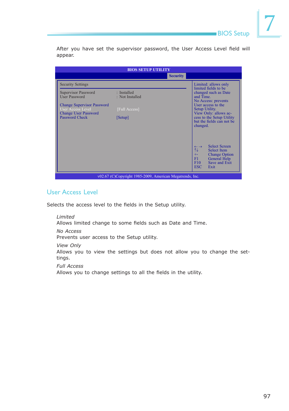 Bios setup, User access level | DFI ES121-LR User Manual | Page 97 / 175