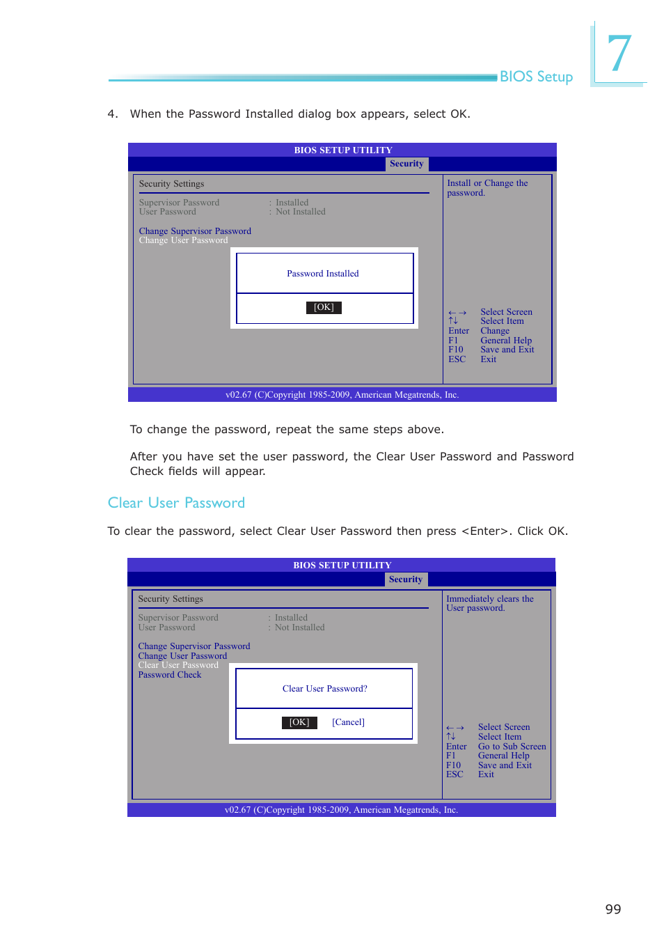 Bios setup, Clear user password | DFI ES121-LR User Manual | Page 99 / 175