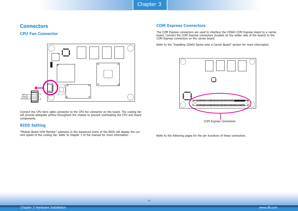 Connectors, Com express connectors, Chapter 3 connectors | DFI CD9A3 series User Manual | Page 13 / 60