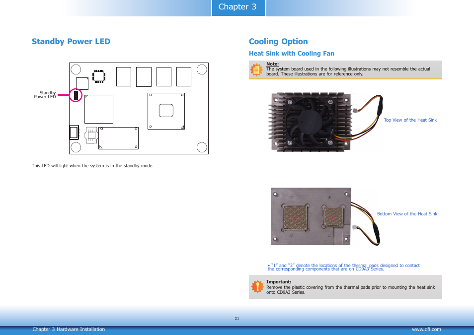 Standby power led, Cooling option, Chapter 3 standby power led | DFI CD9A3 series User Manual | Page 21 / 60