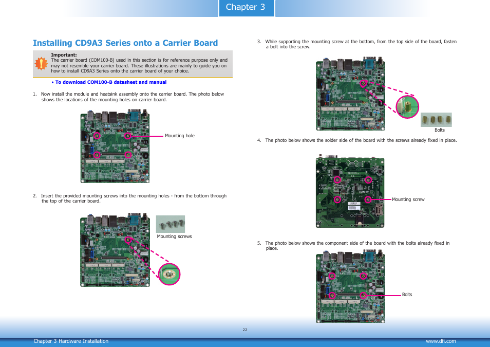 Installing cd9a3 series onto a carrier board | DFI CD9A3 series User Manual | Page 22 / 60