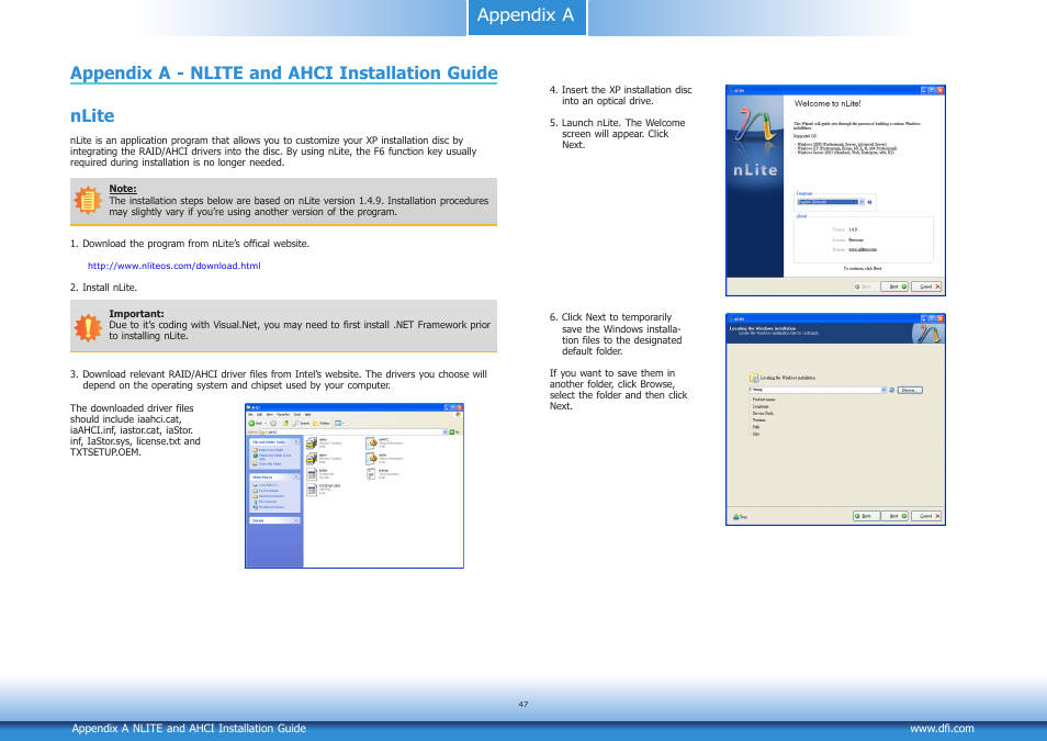 Appendix a - nlite and ahci installation guide | DFI CD9A3 series User Manual | Page 47 / 60