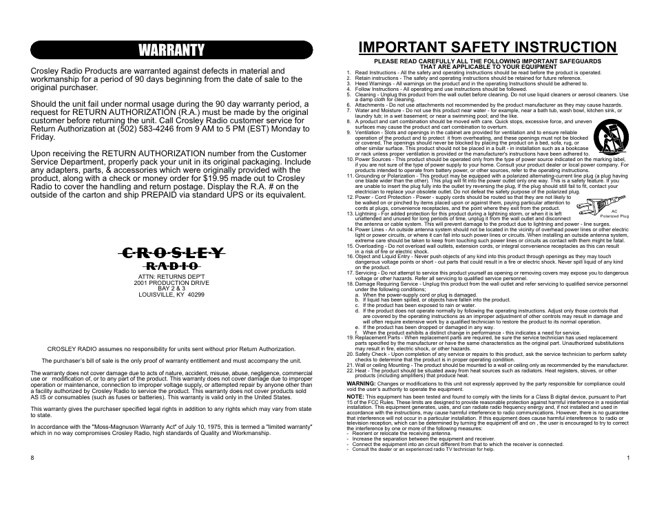 Important safety instruction, Warranty | Crosley Radio Crosley Keepsake USB Turntable CR249 User Manual | Page 2 / 5