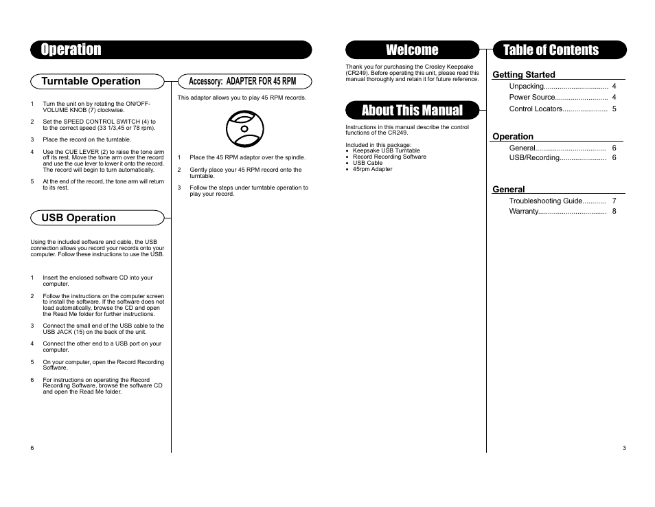 About this manual, Welcome table of contents, Turntable operation | Accessory: adapter for 45 rpm, Usb operation, Getting started, Operation, General | Crosley Radio Crosley Keepsake USB Turntable CR249 User Manual | Page 3 / 5