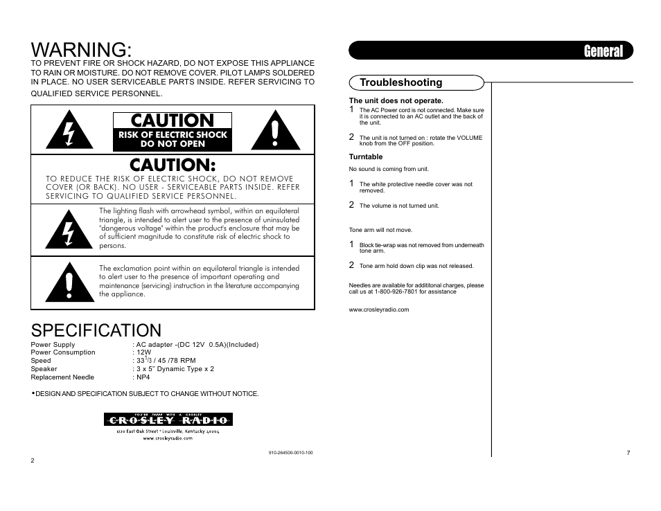 Warning, Specification, Caution caution | General, Troubleshooting | Crosley Radio Crosley Keepsake USB Turntable CR249 User Manual | Page 4 / 5