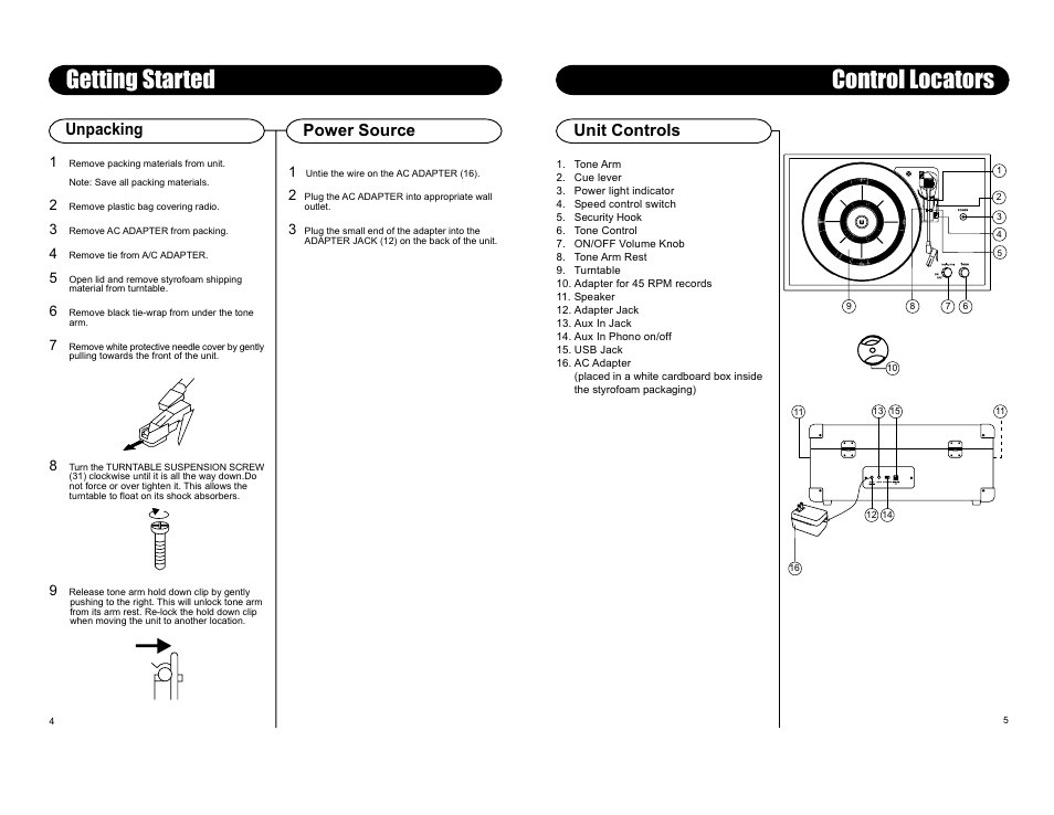 Getting started, Control locators, Unpacking | Power source, Unit controls | Crosley Radio Crosley Keepsake USB Turntable CR249 User Manual | Page 5 / 5