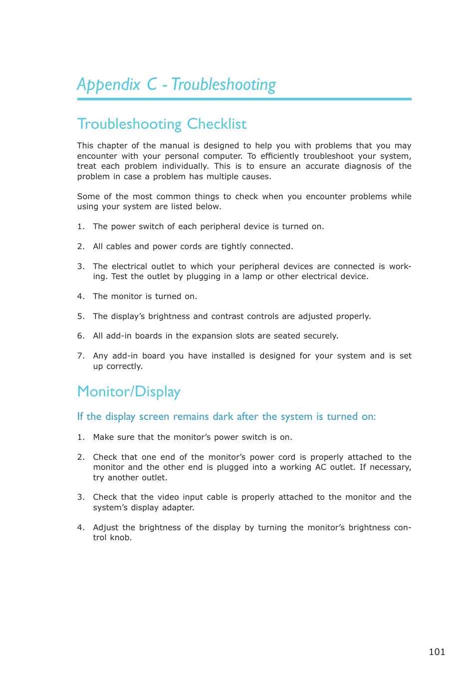 Appendix c - troubleshooting, Troubleshooting checklist, Monitor/display | DFI CP908-B User Manual | Page 101 / 104