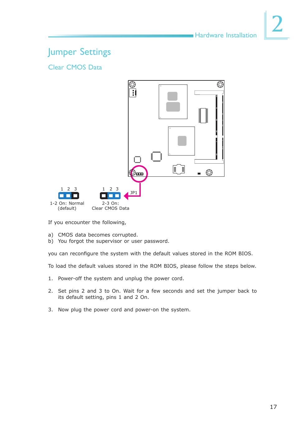 Jumper settings, Hardware installation, Clear cmos data | DFI CP908-B User Manual | Page 17 / 104