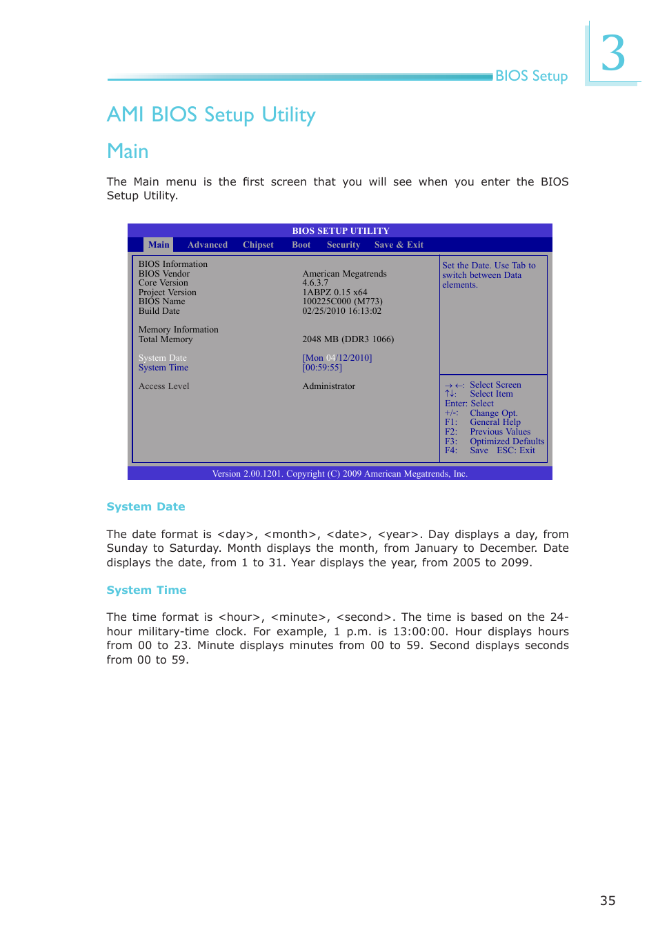 Ami bios setup utility, Main, Bios setup | DFI CP908-B User Manual | Page 35 / 104