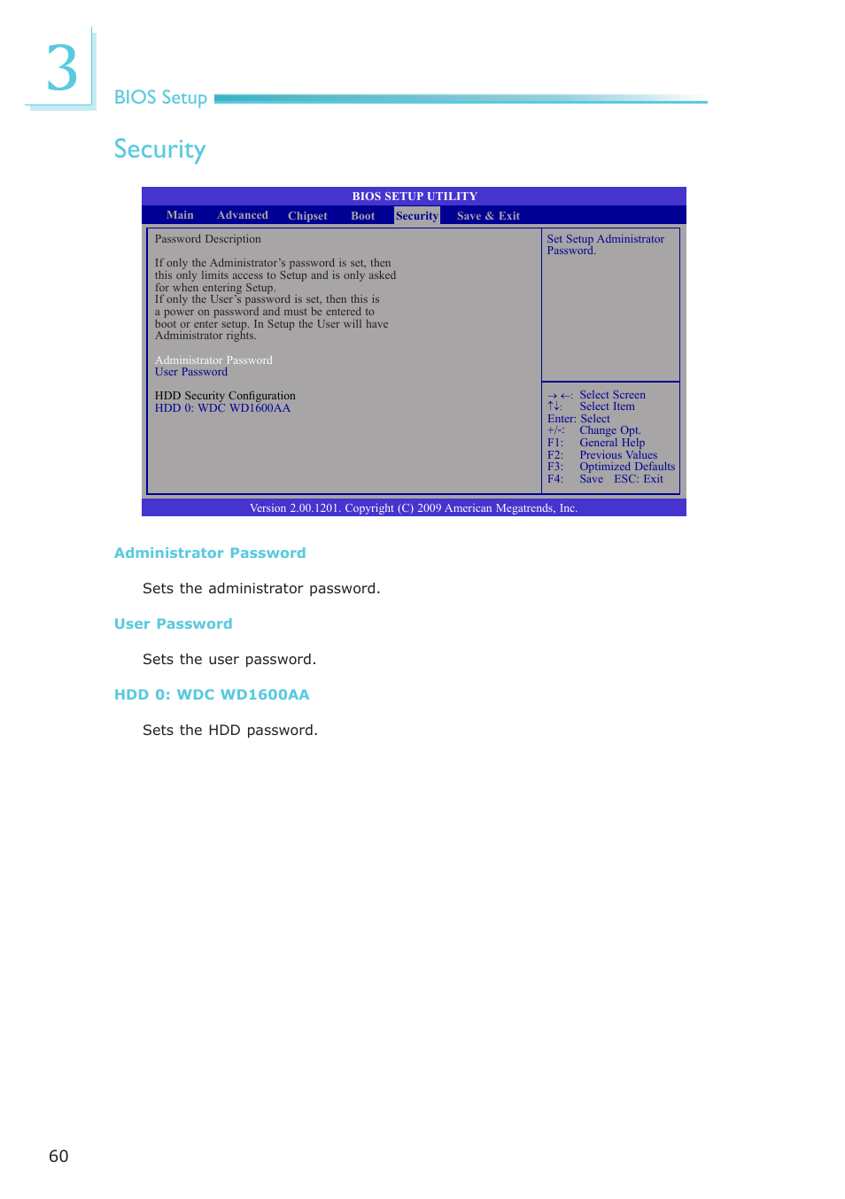 Security, Bios setup | DFI CP908-B User Manual | Page 60 / 104