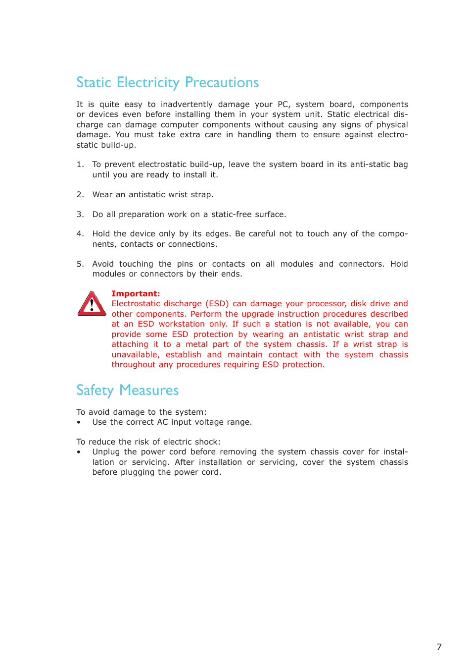 Static electricity precautions, Safety measures | DFI CP908-B User Manual | Page 7 / 104