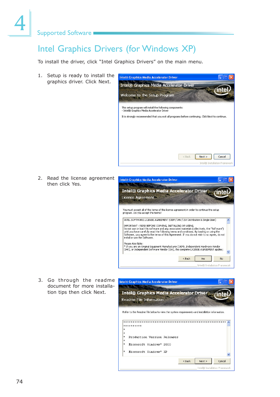 Intel graphics drivers (for windows xp) | DFI CP908-B User Manual | Page 74 / 104