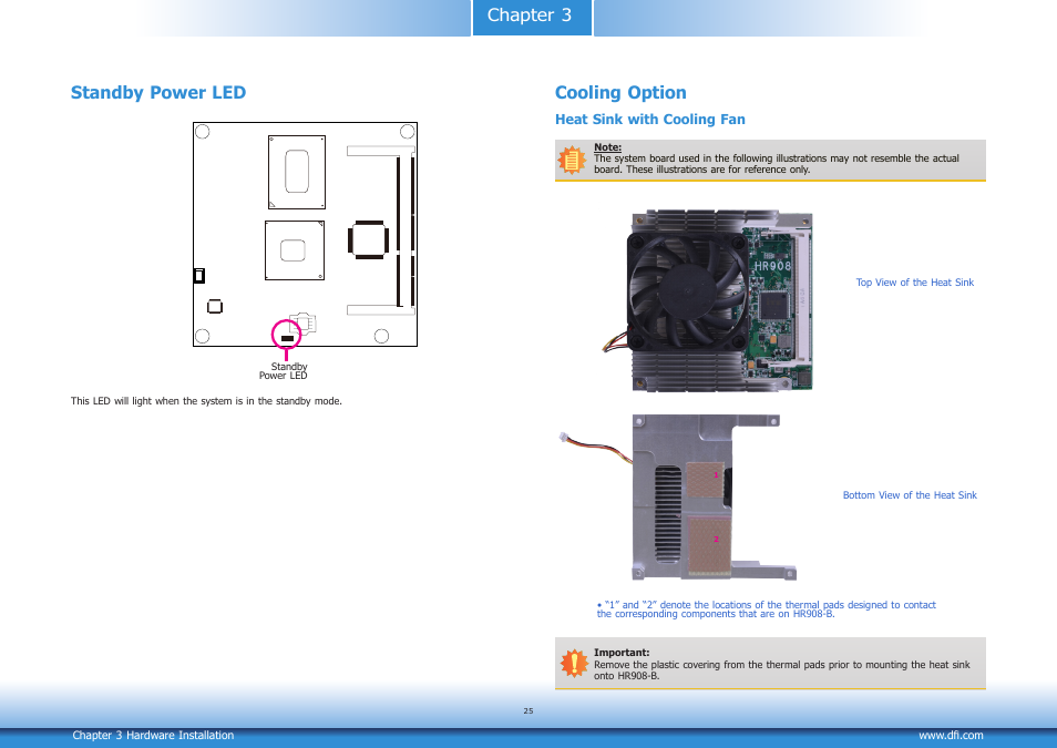 Standby power led, Cooling option, Chapter 3 standby power led | DFI HR908-B User Manual | Page 25 / 66