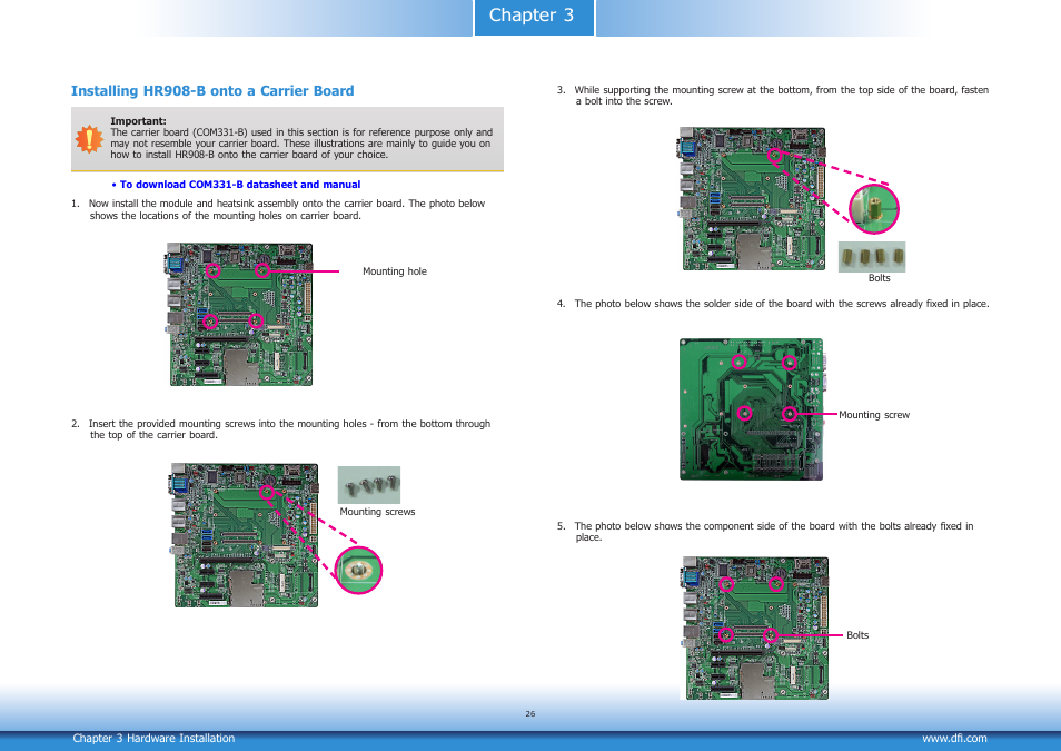 Installing hr908-b onto a carrier board, Chapter 3 | DFI HR908-B User Manual | Page 26 / 66