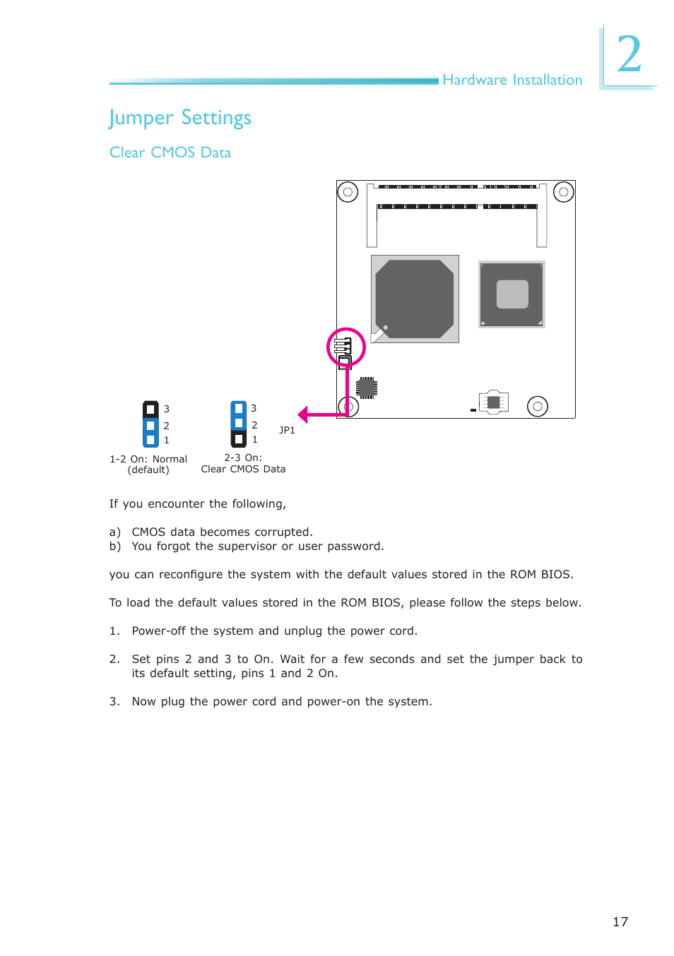 Jumper settings, Hardware installation, Clear cmos data | DFI LR905-B18D User Manual | Page 17 / 93