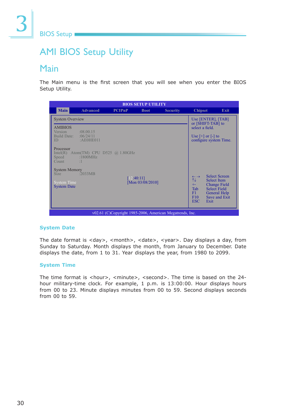 Ami bios setup utility, Main, Bios setup | DFI LR905-B18D User Manual | Page 30 / 93