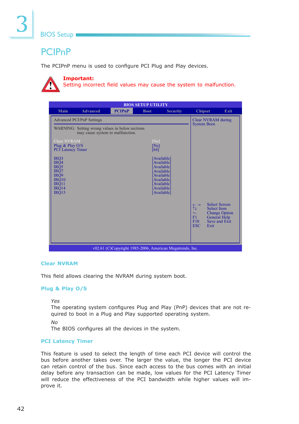 Pcipnp, Bios setup | DFI LR905-B18D User Manual | Page 42 / 93
