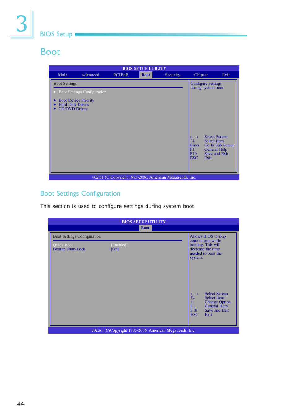 Boot, Bios setup, Boot settings configuration | DFI LR905-B18D User Manual | Page 44 / 93