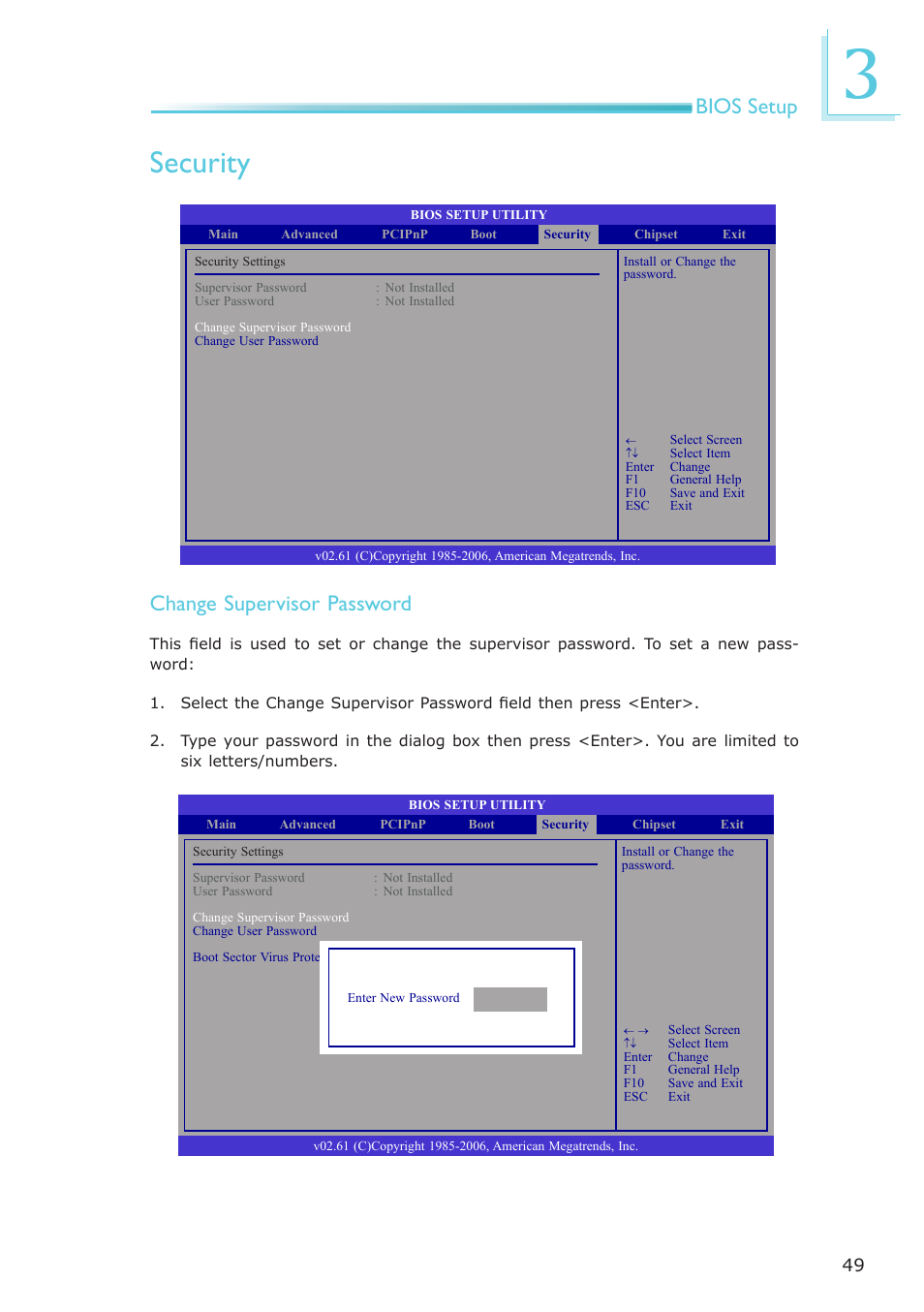 Security, Bios setup, Change supervisor password | DFI LR905-B18D User Manual | Page 49 / 93