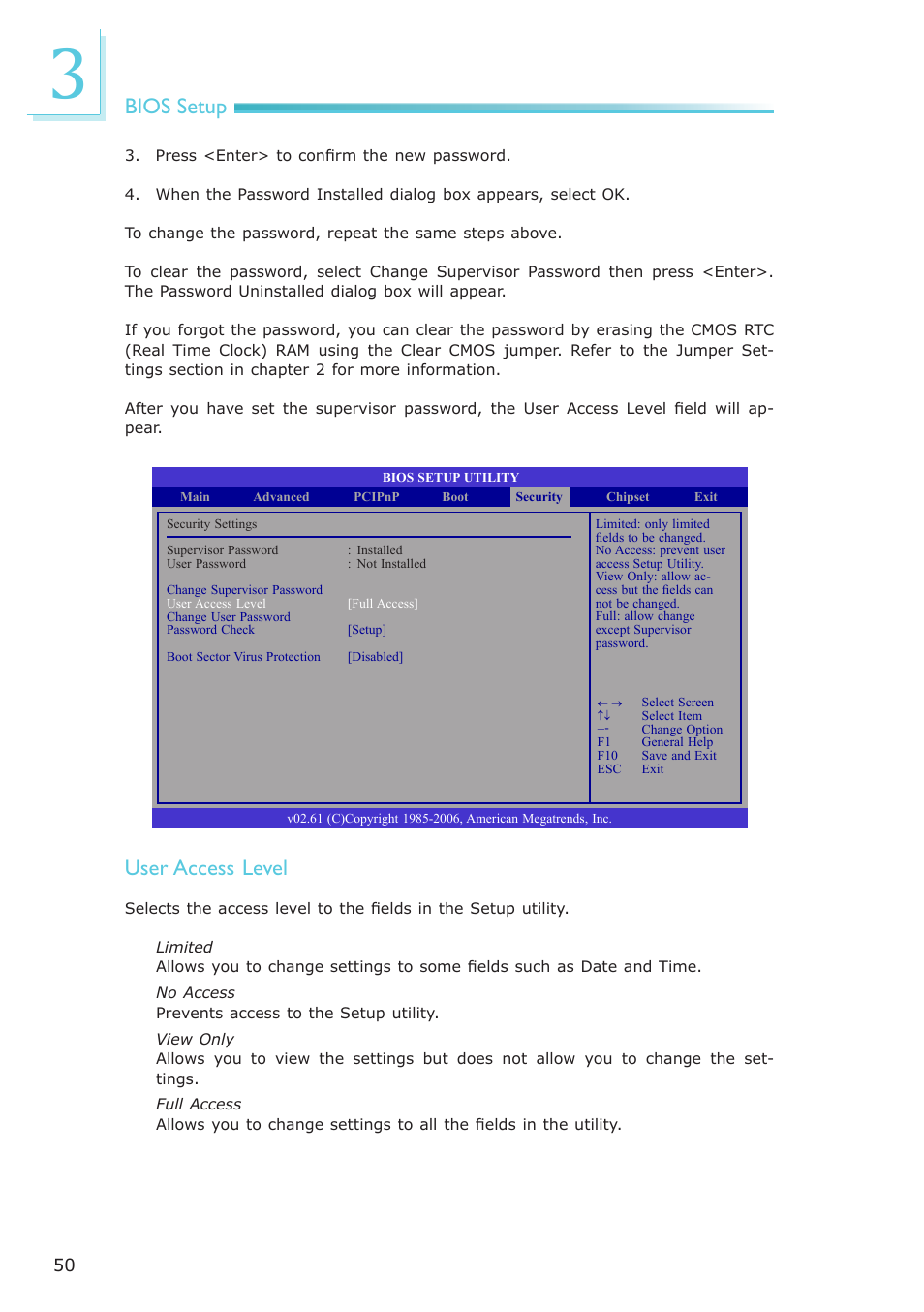 Bios setup, User access level | DFI LR905-B18D User Manual | Page 50 / 93