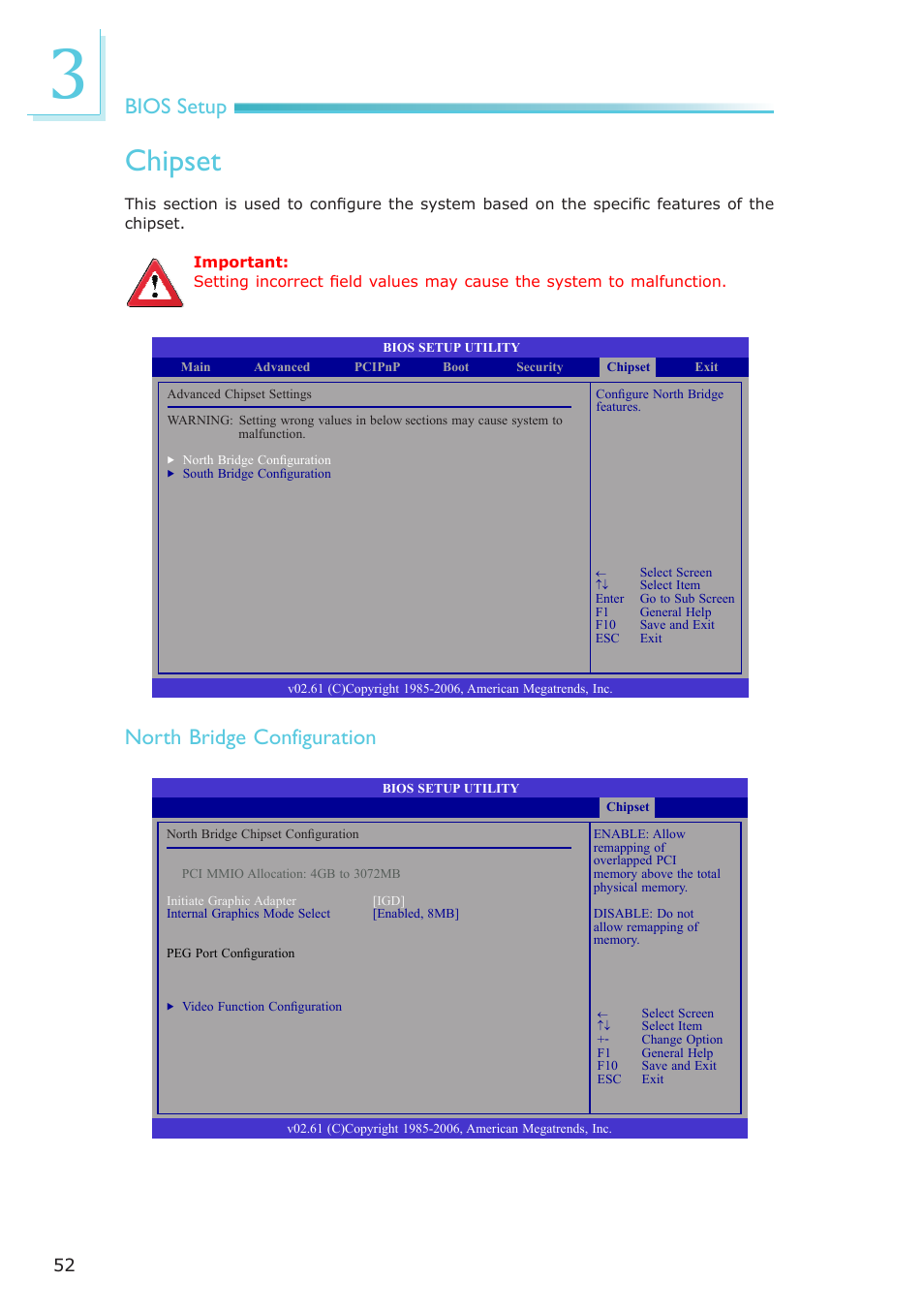 Chipset, Bios setup, North bridge configuration | DFI LR905-B18D User Manual | Page 52 / 93