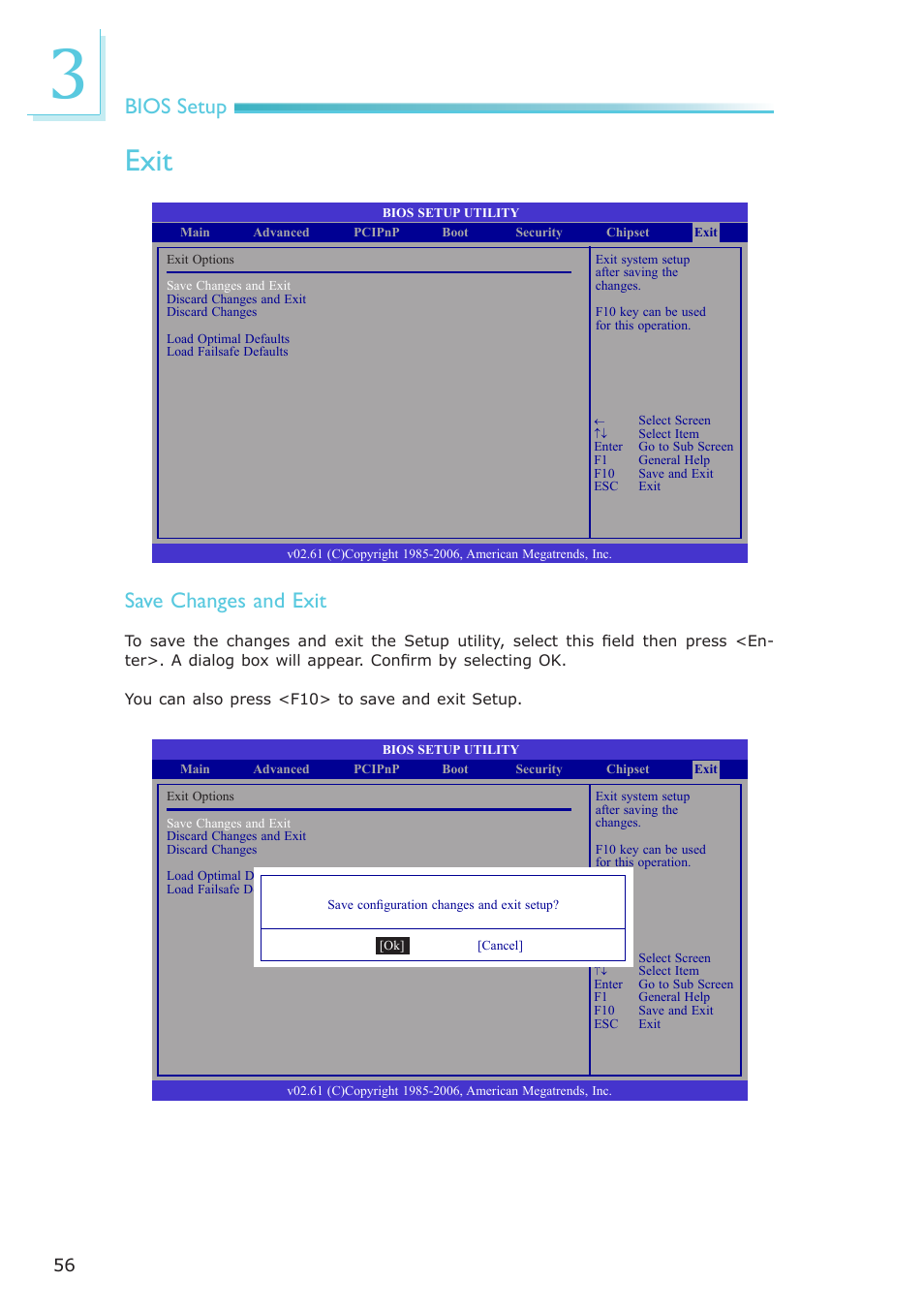 Exit, Bios setup, Save changes and exit | DFI LR905-B18D User Manual | Page 56 / 93