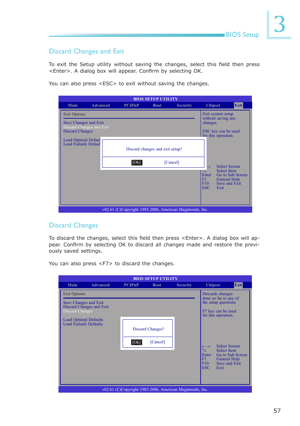 Bios setup discard changes and exit, Discard changes | DFI LR905-B18D User Manual | Page 57 / 93