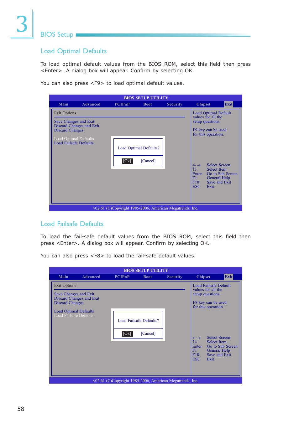 Bios setup load optimal defaults, Load failsafe defaults | DFI LR905-B18D User Manual | Page 58 / 93