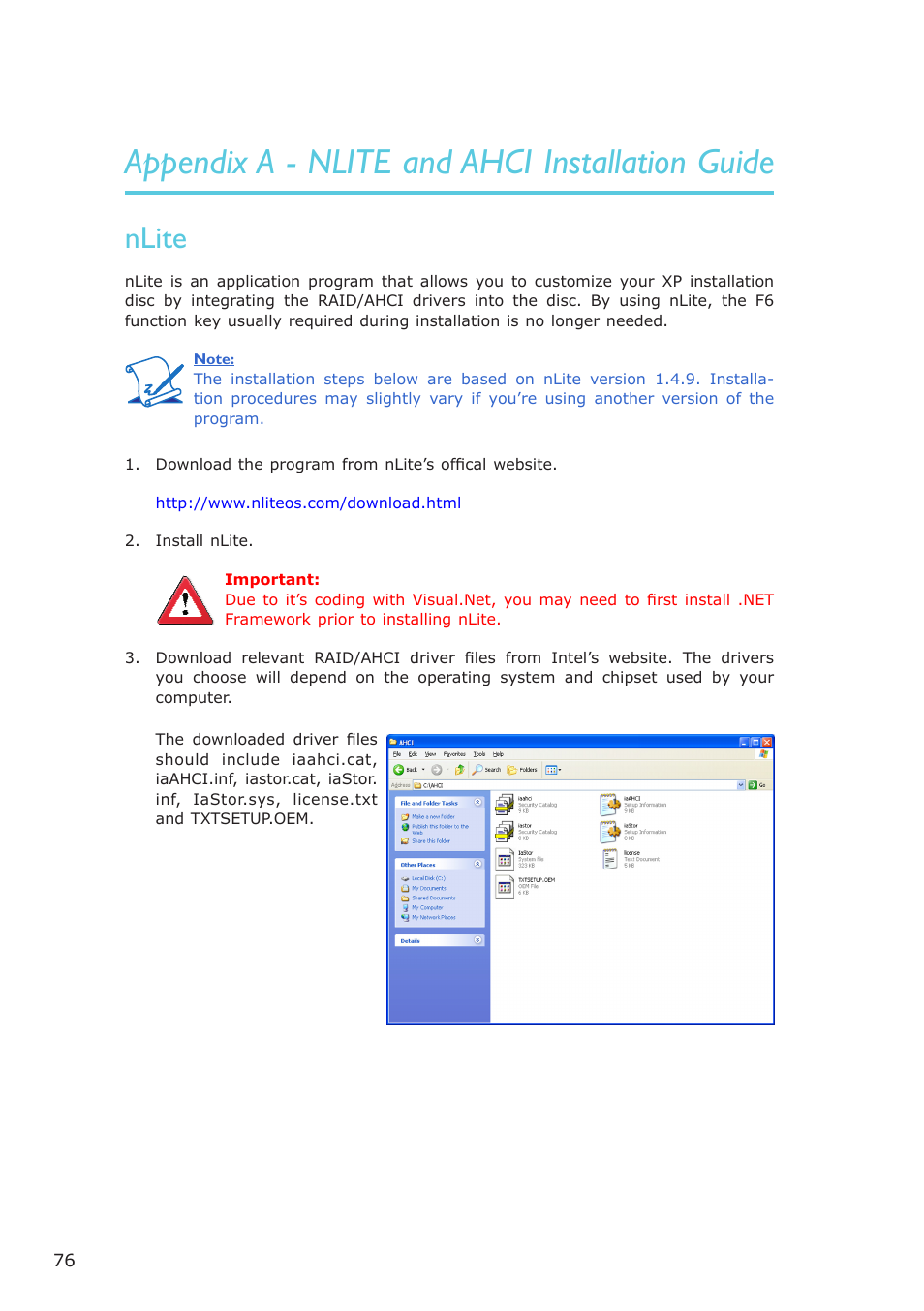 Appendix a - nlite and ahci installation guide, Nlite | DFI LR905-B18D User Manual | Page 76 / 93