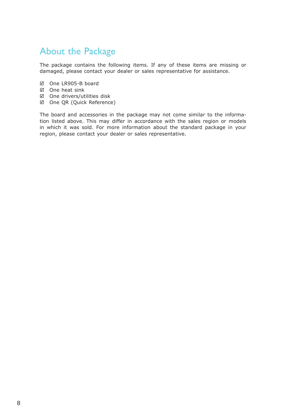 About the package | DFI LR905-B18D User Manual | Page 8 / 93