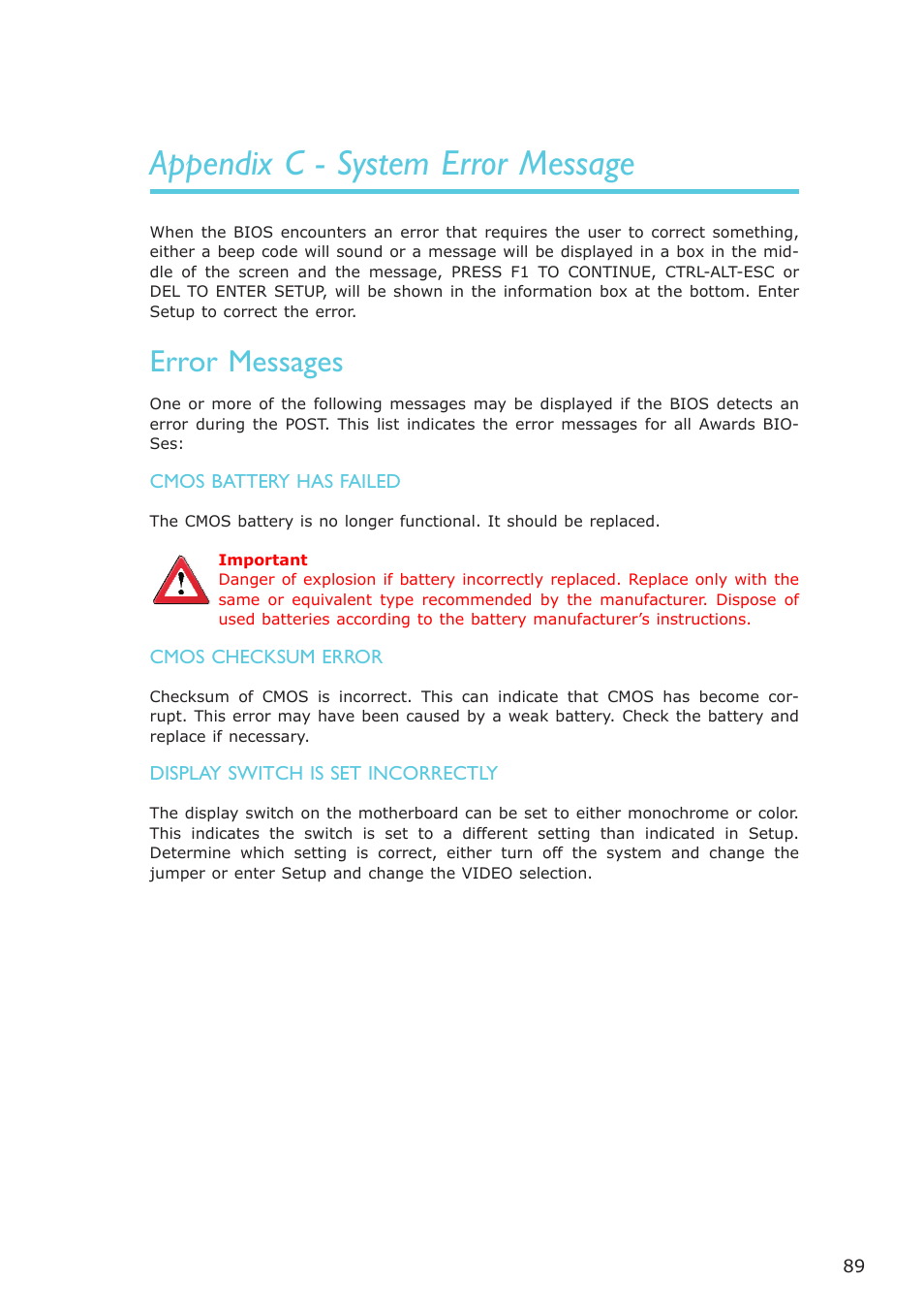 Appendix c - system error message, Error messages | DFI LR905-B18D User Manual | Page 89 / 93