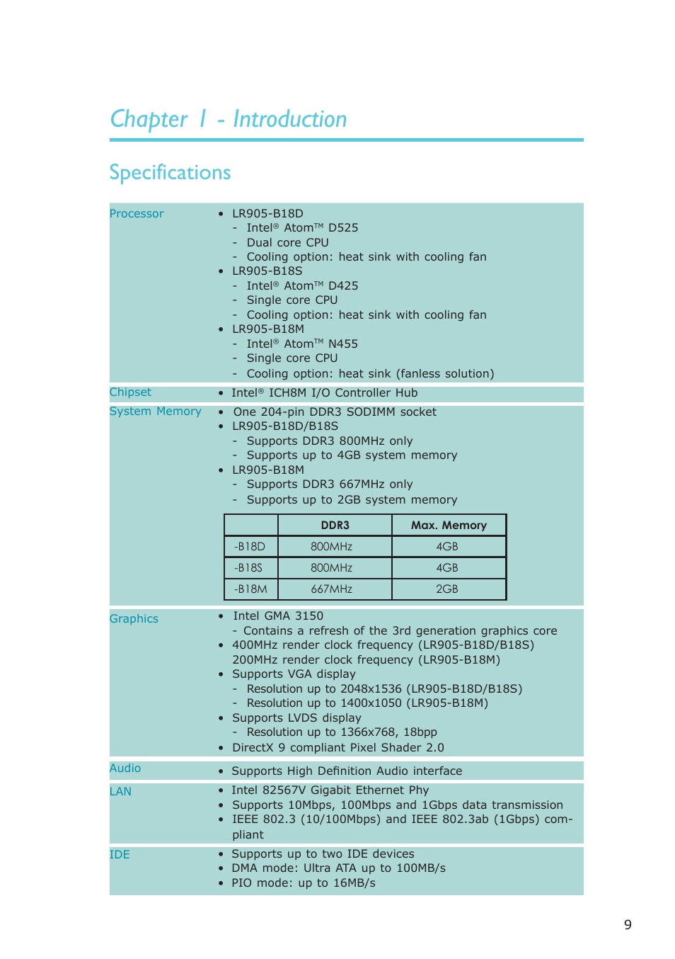 Chapter 1 - introduction, Specifications, Introduction | DFI LR905-B18D User Manual | Page 9 / 93
