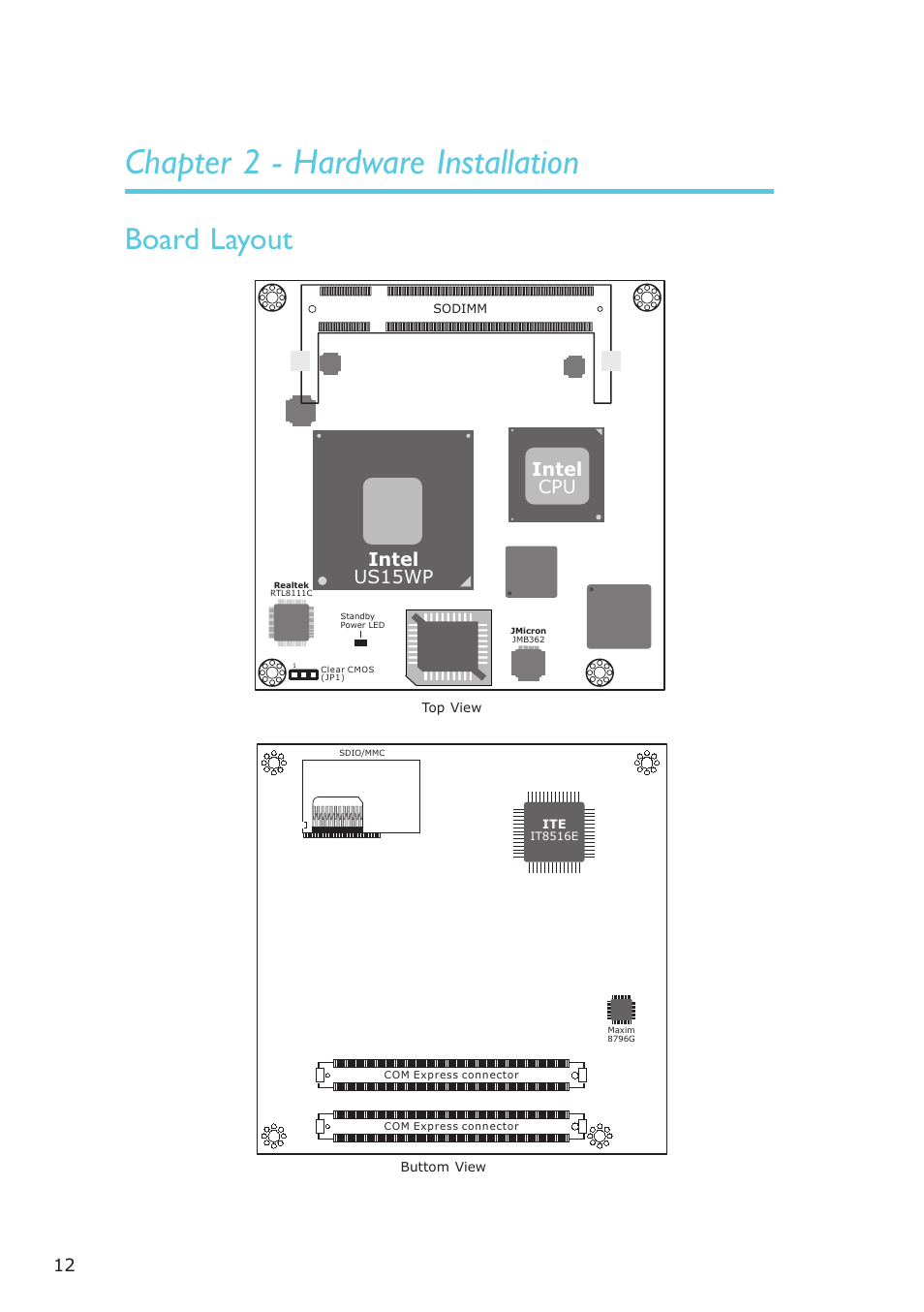 Chapter 2 - hardware installation, Board layout, Hardware installation | Intel cpu intel us15wp | DFI ML905-B11C/B16C User Manual | Page 12 / 76