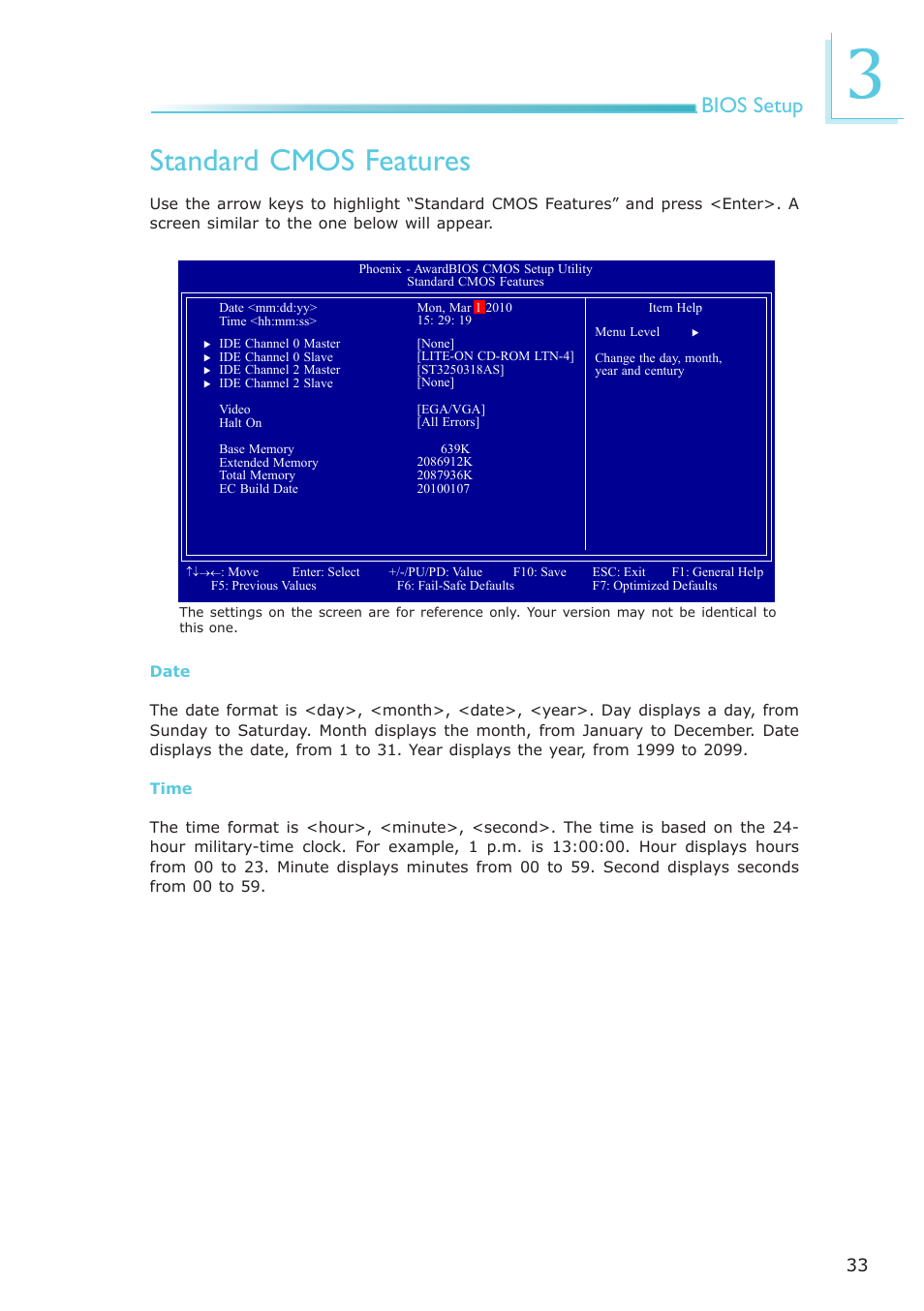 Standard cmos features, Bios setup | DFI ML905-B11C/B16C User Manual | Page 33 / 76