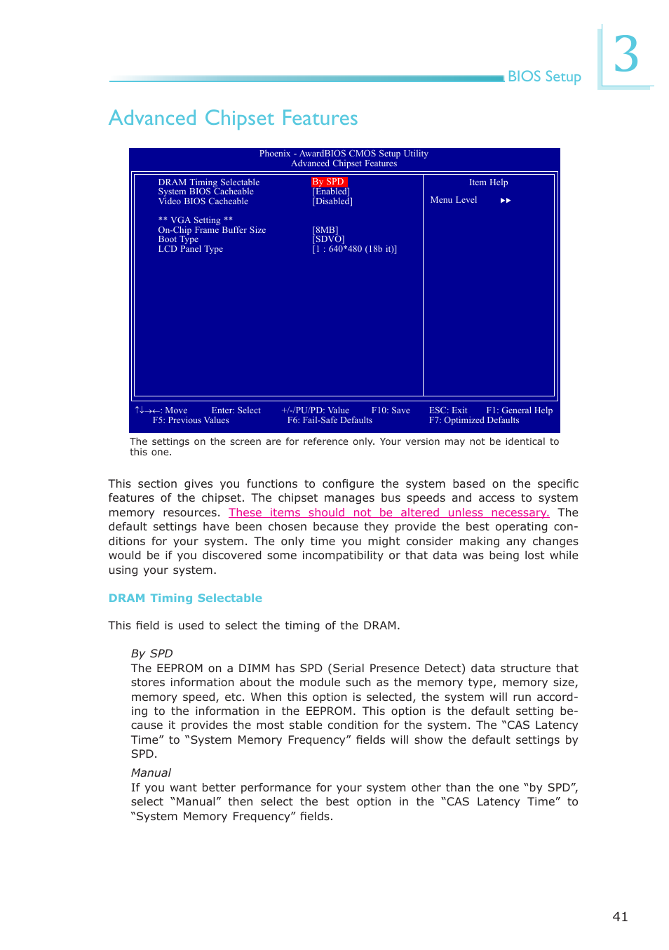 Advanced chipset features, Bios setup | DFI ML905-B11C/B16C User Manual | Page 41 / 76