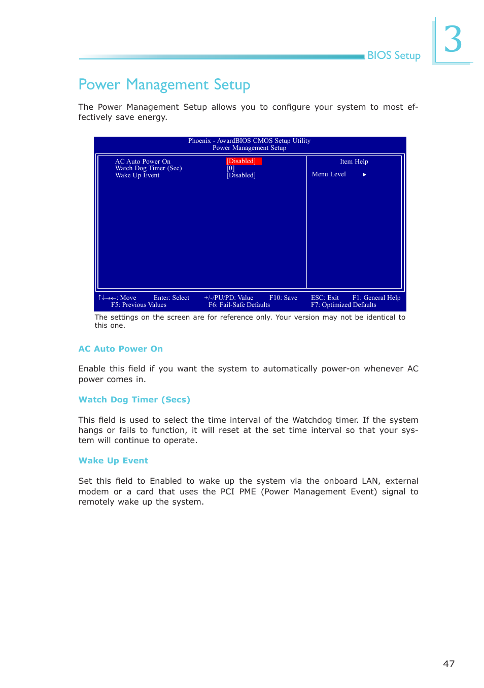 Power management setup, Bios setup | DFI ML905-B11C/B16C User Manual | Page 47 / 76