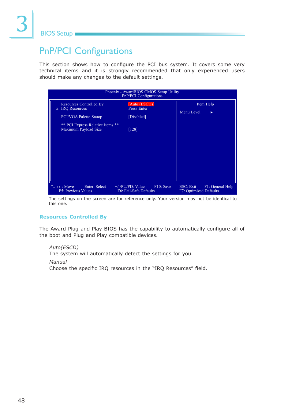 Pnp/pci configurations, Bios setup | DFI ML905-B11C/B16C User Manual | Page 48 / 76