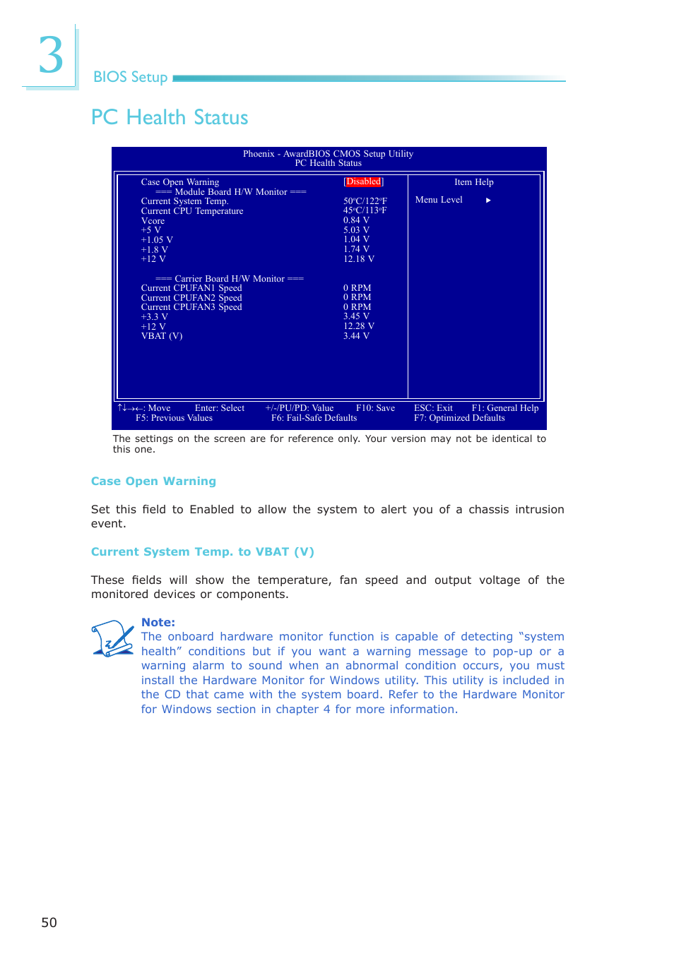 Pc health status, Bios setup | DFI ML905-B11C/B16C User Manual | Page 50 / 76